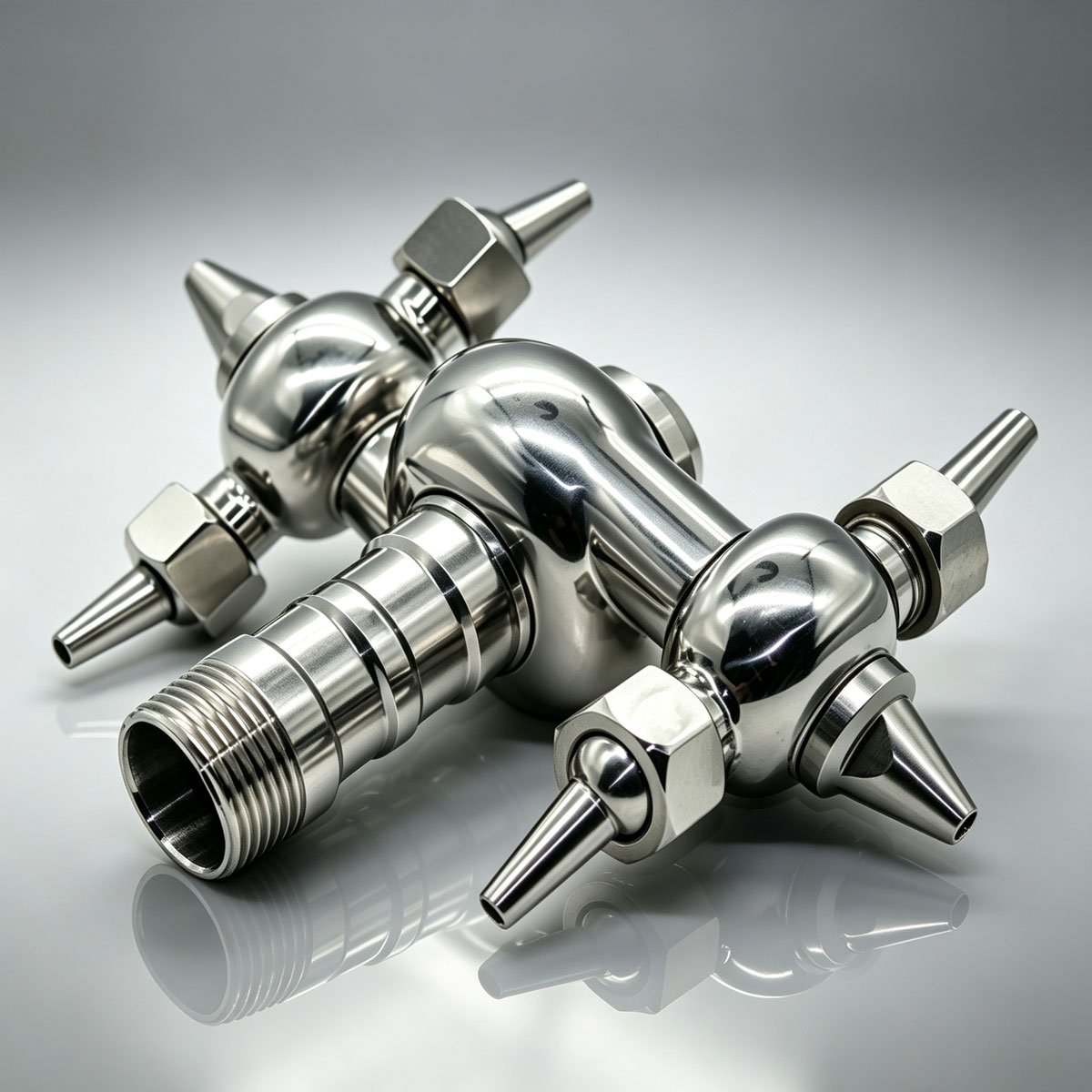 Haoqintech Heavy-duty 304 stainless steel multi-nozzle rotary jet cleaner with directional nozzles and threaded inlet.
