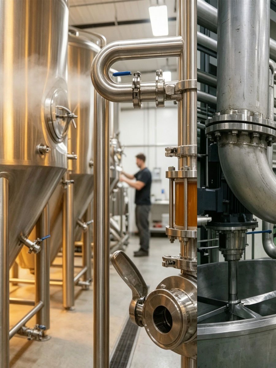 Stainless steel fermentation tanks and sanitary pipelines in modern brewery