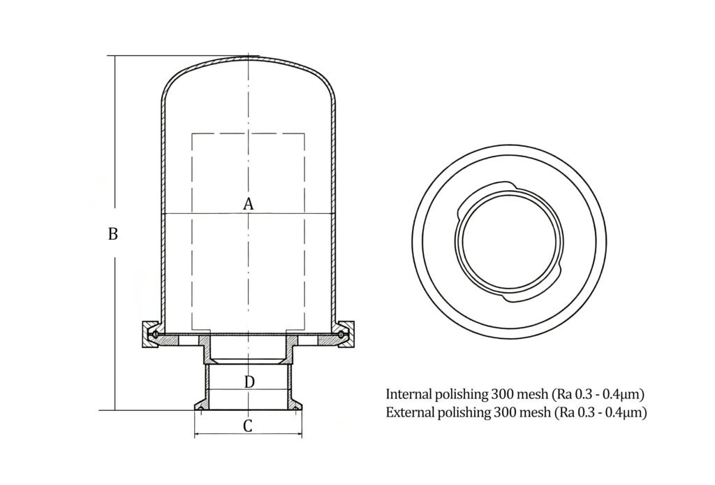 Technical drawing of sanitary breather filter showing side view and top view with Tri-Clamp connection and dimensions