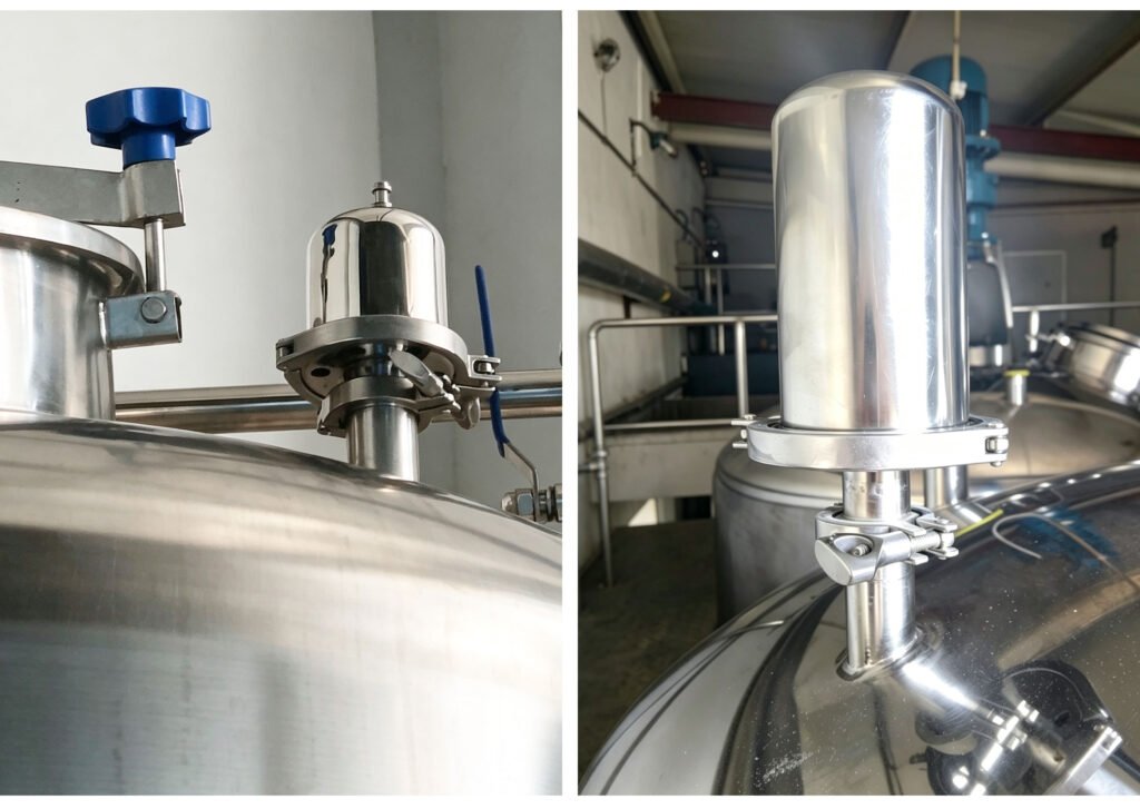 2.5" 5" 10" sanitary breather filter installed on stainless steel fermenter tank with Tri-Clamp connection