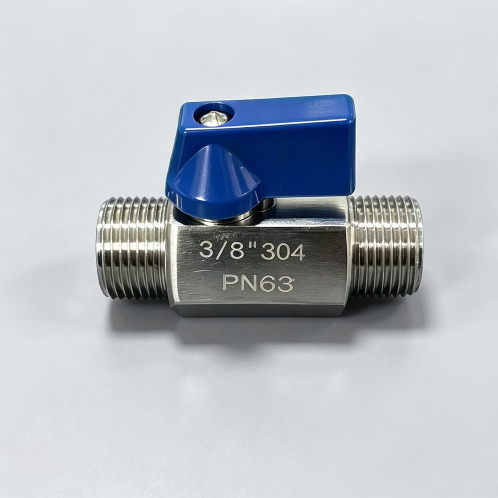 SS304 stainless steel mini ball valve with blue lever handle and male threads PN63