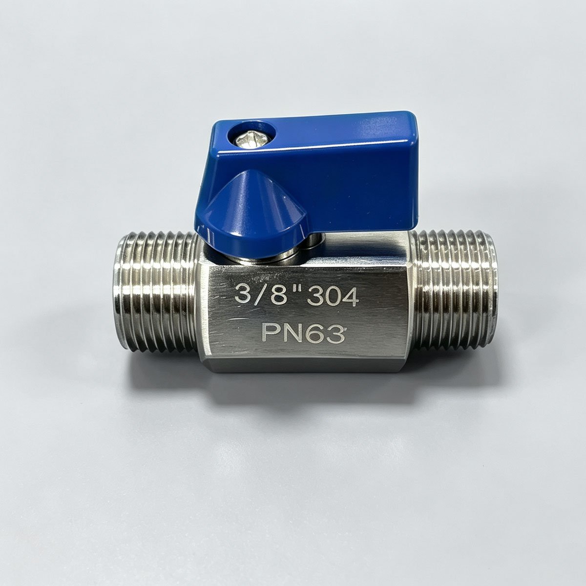 SS304 stainless steel mini ball valve with blue lever handle and male threads PN63