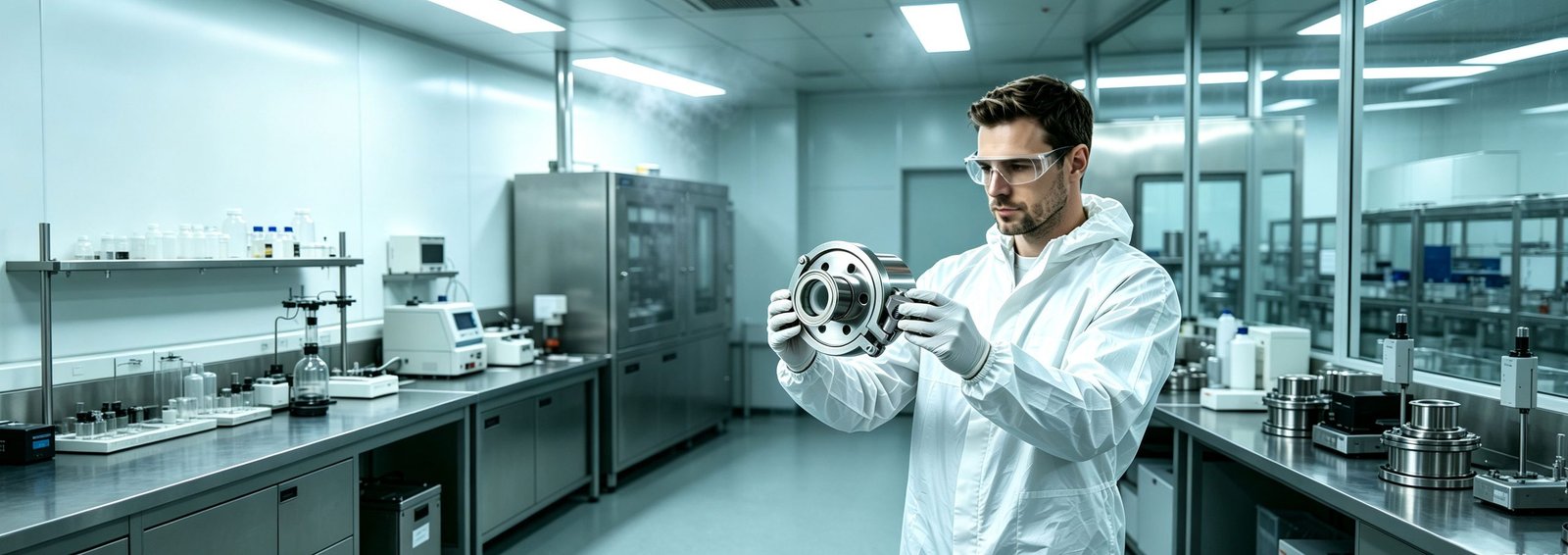 Technician holding Haoqintech stainless steel sanitary sterile air breathing valve in cleanroom