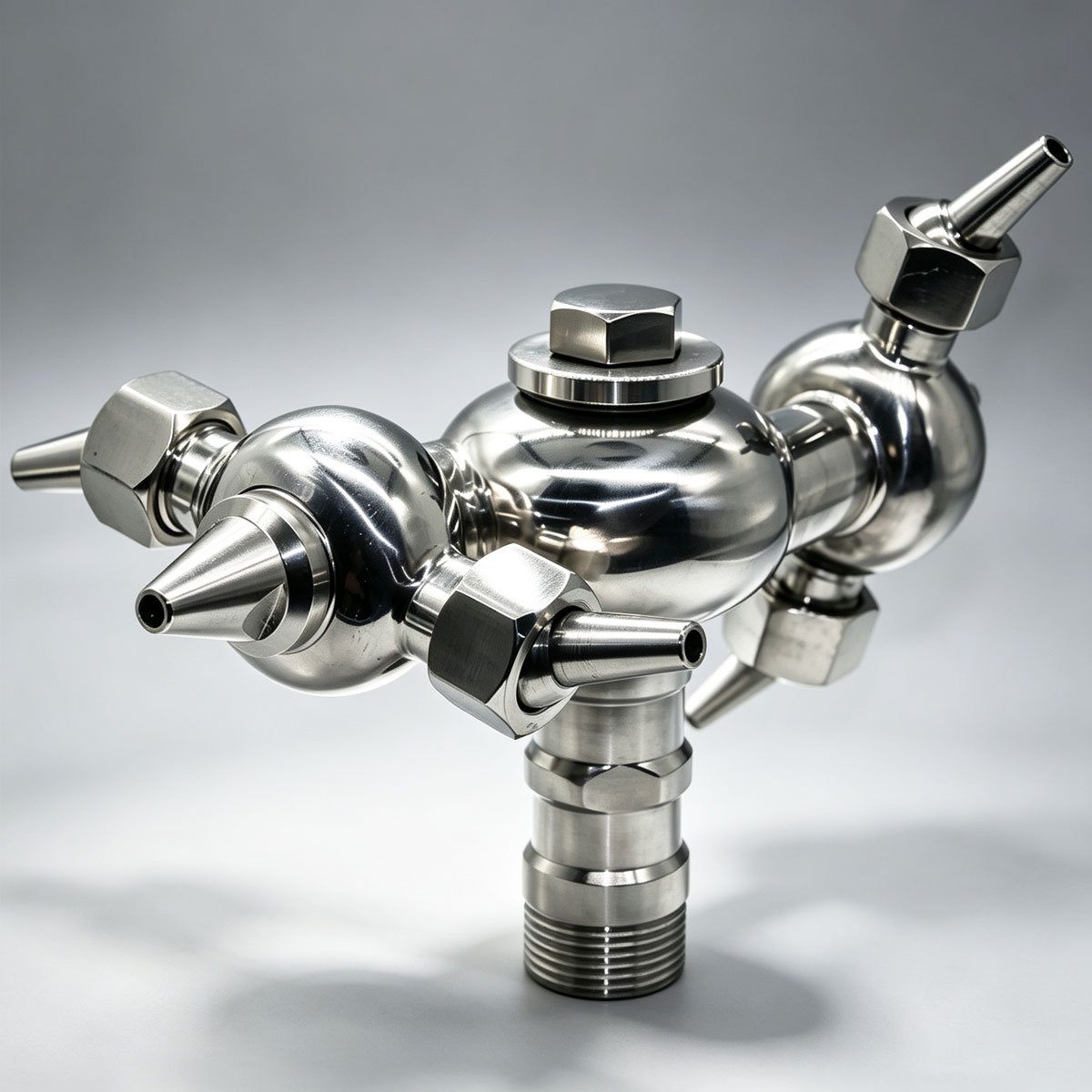 Haoqintech Heavy-duty 304 stainless steel multi-nozzle rotary jet cleaner with directional nozzles and threaded inlet.
