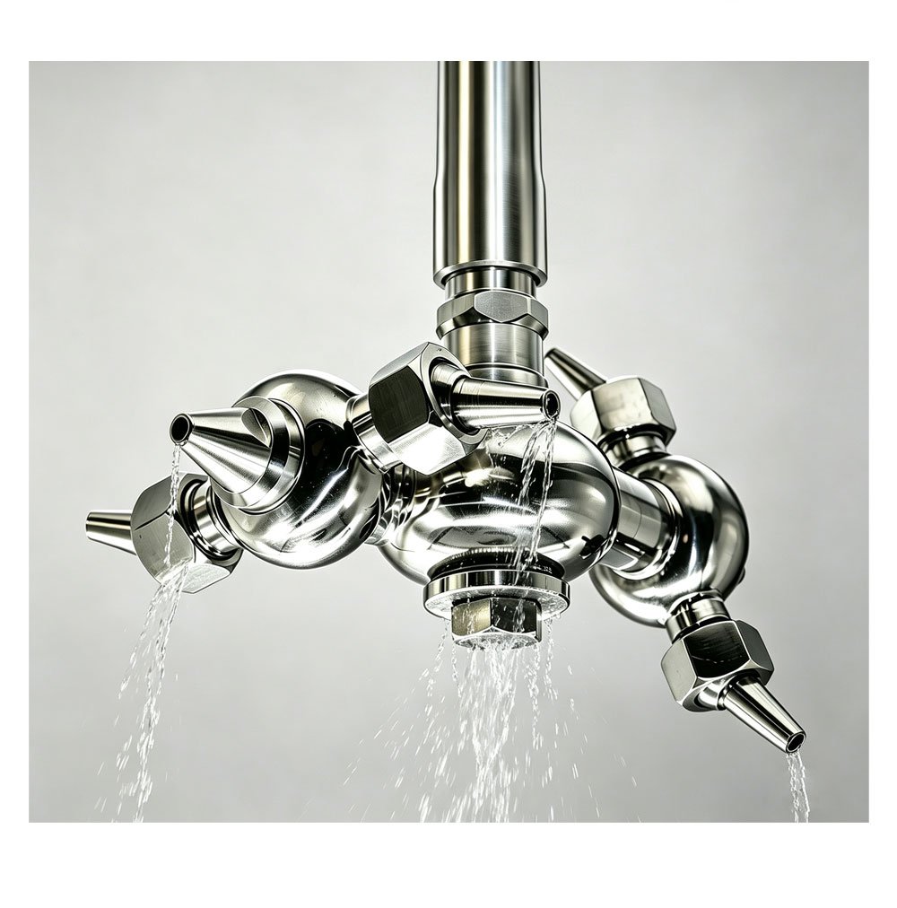Haoqintech Heavy-duty 304 stainless steel multi-nozzle rotary jet cleaner with directional nozzles and threaded inlet.