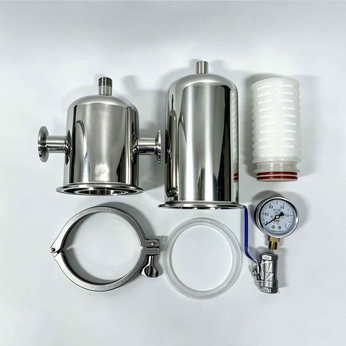 304 stainless steel sanitary gas filter housing with pressure gauge and exhaust valve, 5" 10" 20" Tri-Clamp