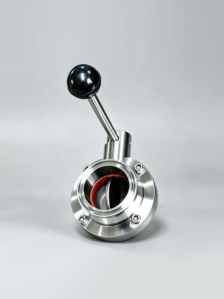 Stainless steel sanitary butterfly valve with Tri-Clamp ends and black lever handle