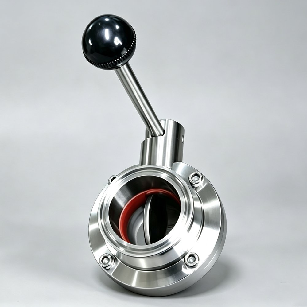 Stainless steel sanitary butterfly valve with Tri-Clamp ends and black lever handle