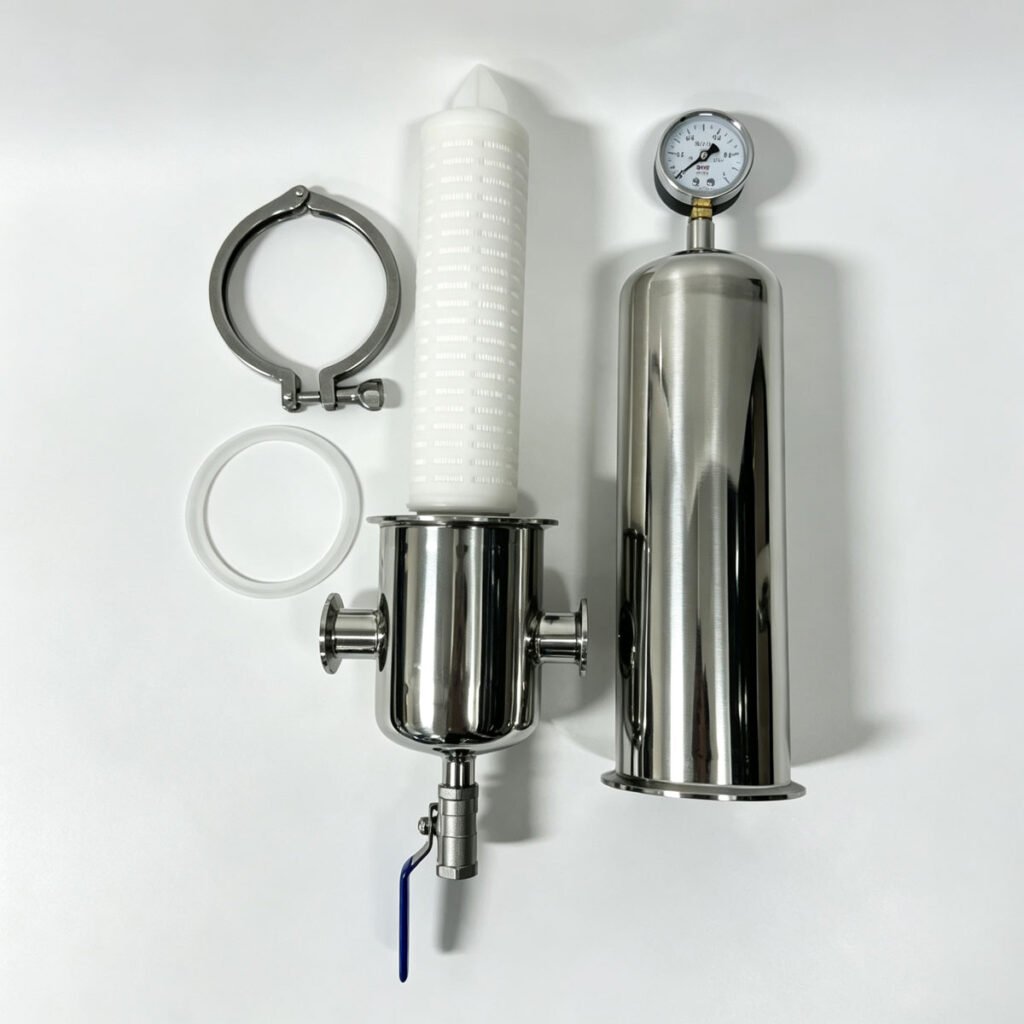 304 stainless steel sanitary gas filter housing with pressure gauge and exhaust valve, 5" 10" 20" Tri-Clamp