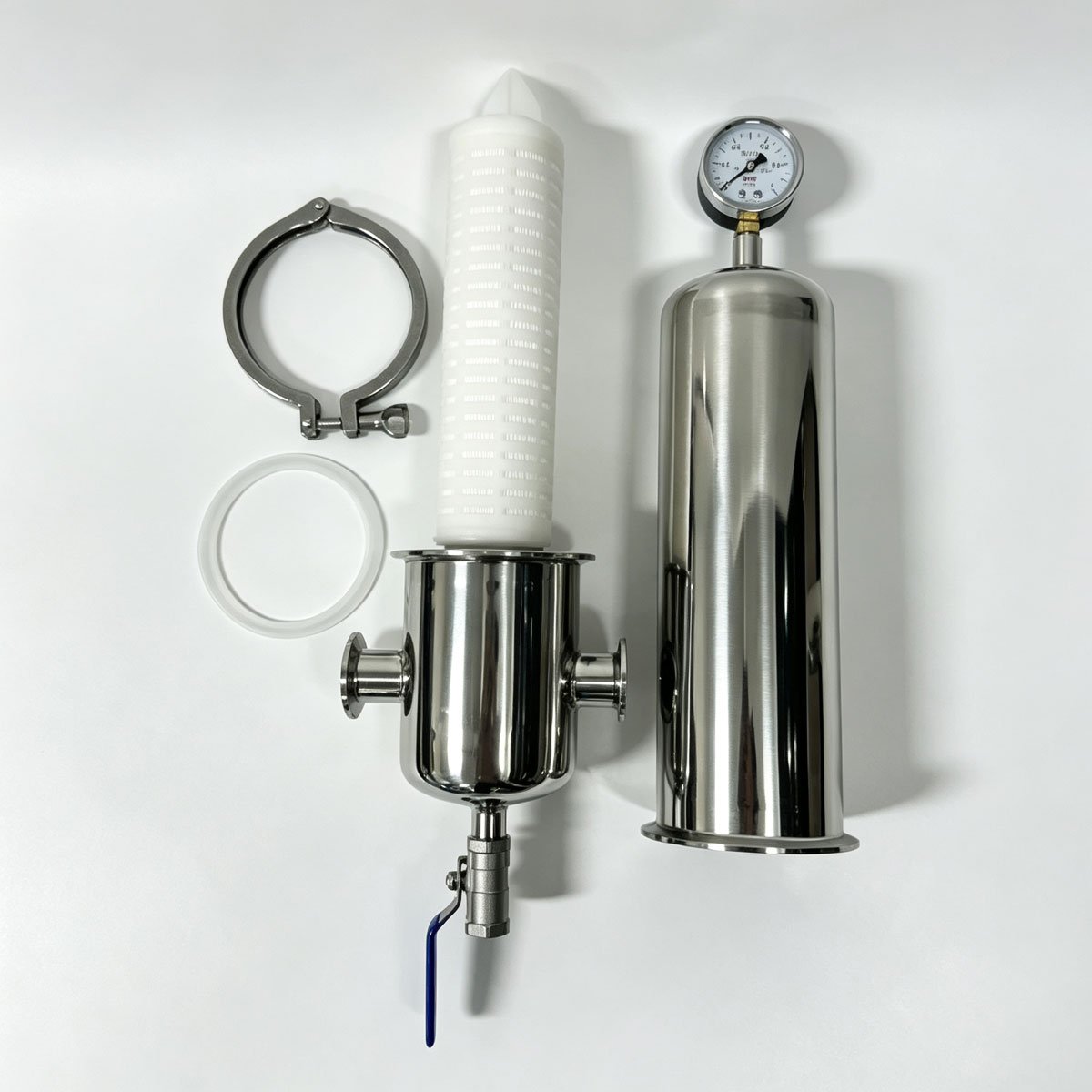 304 stainless steel sanitary gas filter housing with pressure gauge and exhaust valve, 5" 10" 20" Tri-Clamp