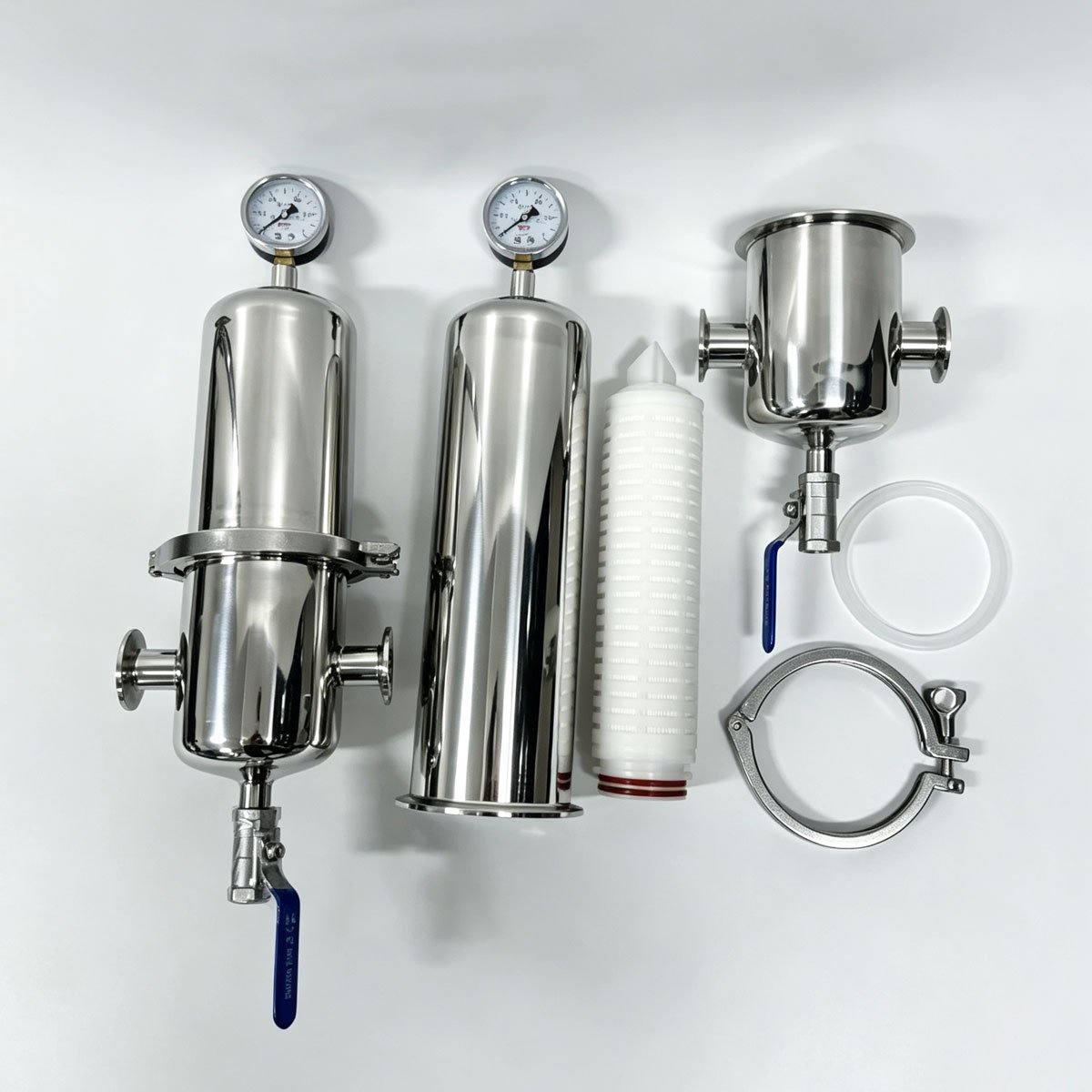 304 stainless steel sanitary gas filter housing with pressure gauge and exhaust valve, 5" 10" 20" Tri-Clamp