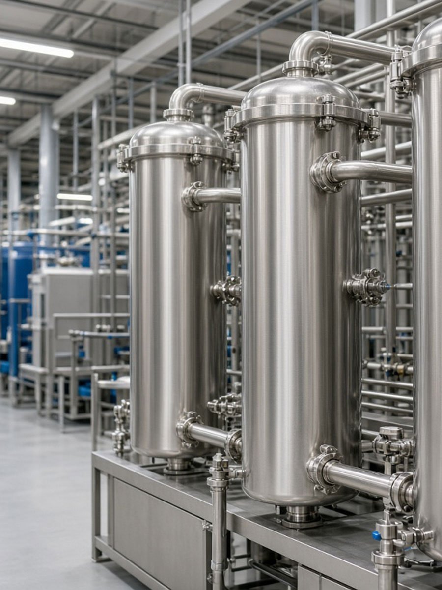 Industrial water treatment plant with stainless steel sanitary filters and pipelines