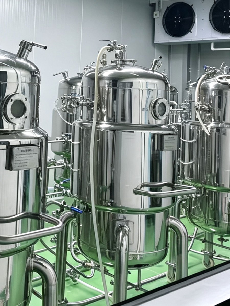 Stainless steel liquid spawn fermentation tanks in clean hygienic facility for edible mushroom cultivation