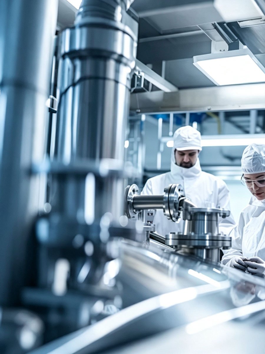 Technicians in cleanroom working with stainless steel sanitary equipment in modern chemical processing facility