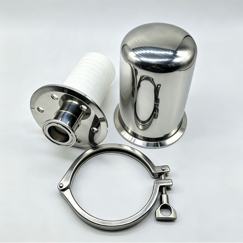 Haoqintech 304 stainless steel sanitary breather filter, tri clamp connection, sterile vent filter installed on fermenter tank top, food pharma grade