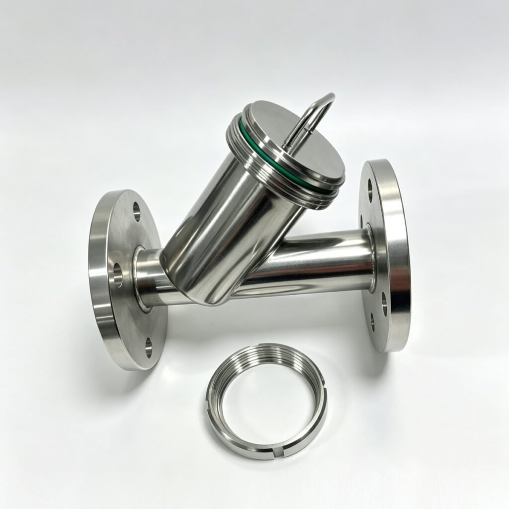 SS304 sanitary Y-strainer flanged with open cover, green seal and locking ring