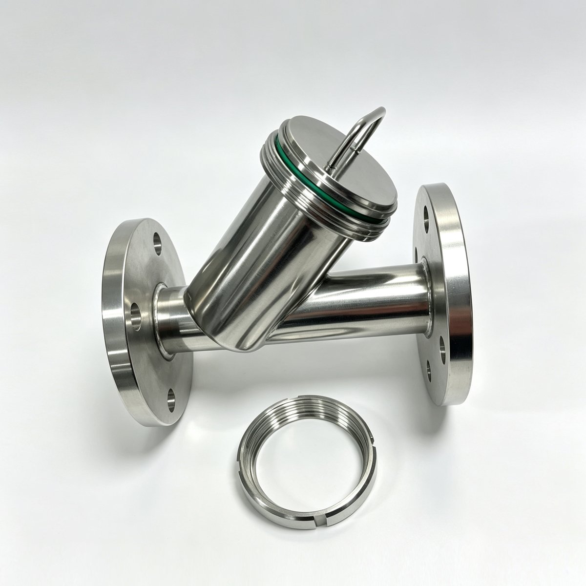 SS304 sanitary Y-strainer flanged with open cover, green seal and locking ring