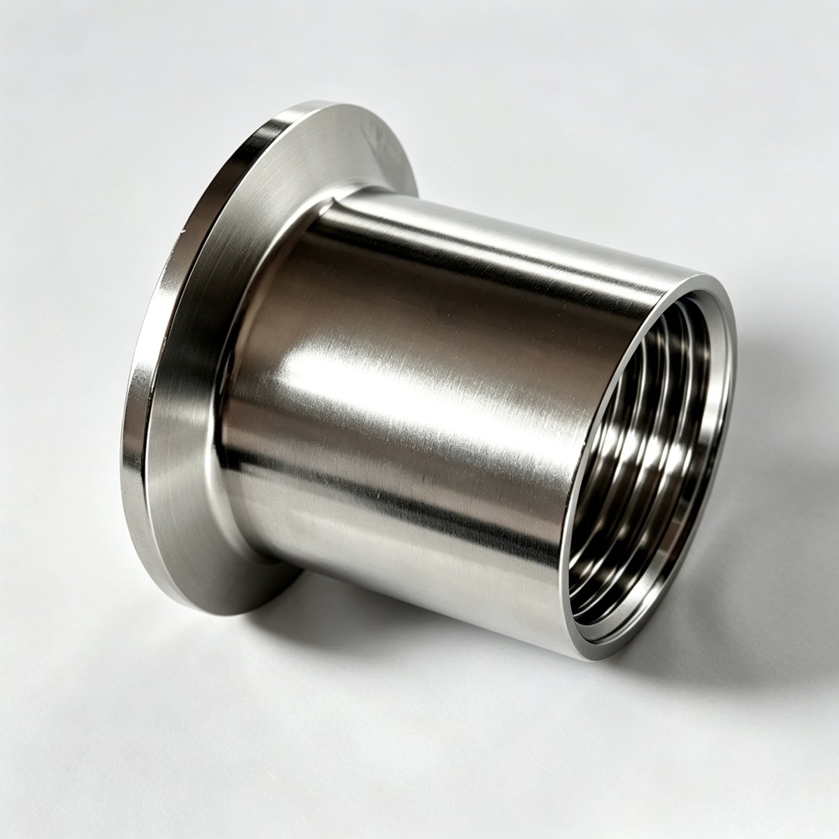 Side profile of polished sanitary stainless steel clamp to female threaded fitting