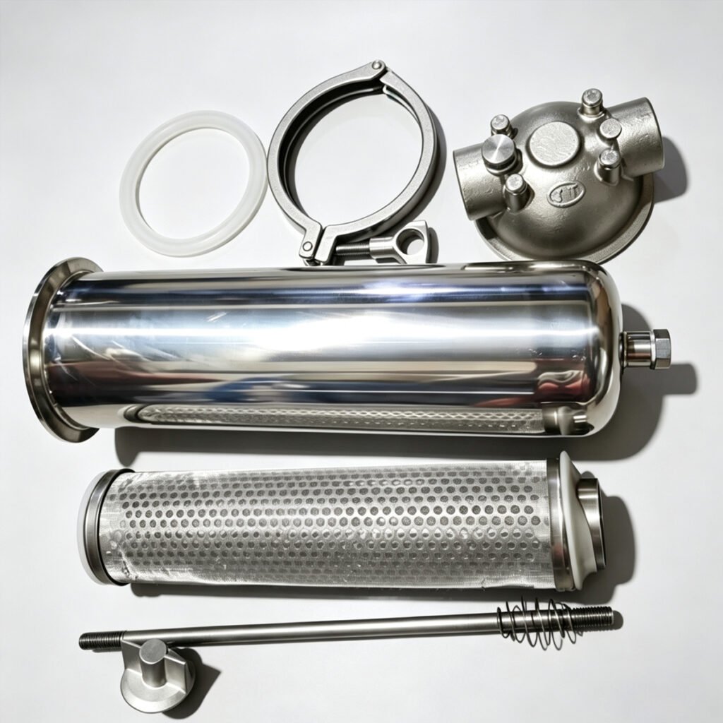 Disassembled 304 stainless steel filter housing with metal mesh cartridge, clamp, gasket, base and accessories