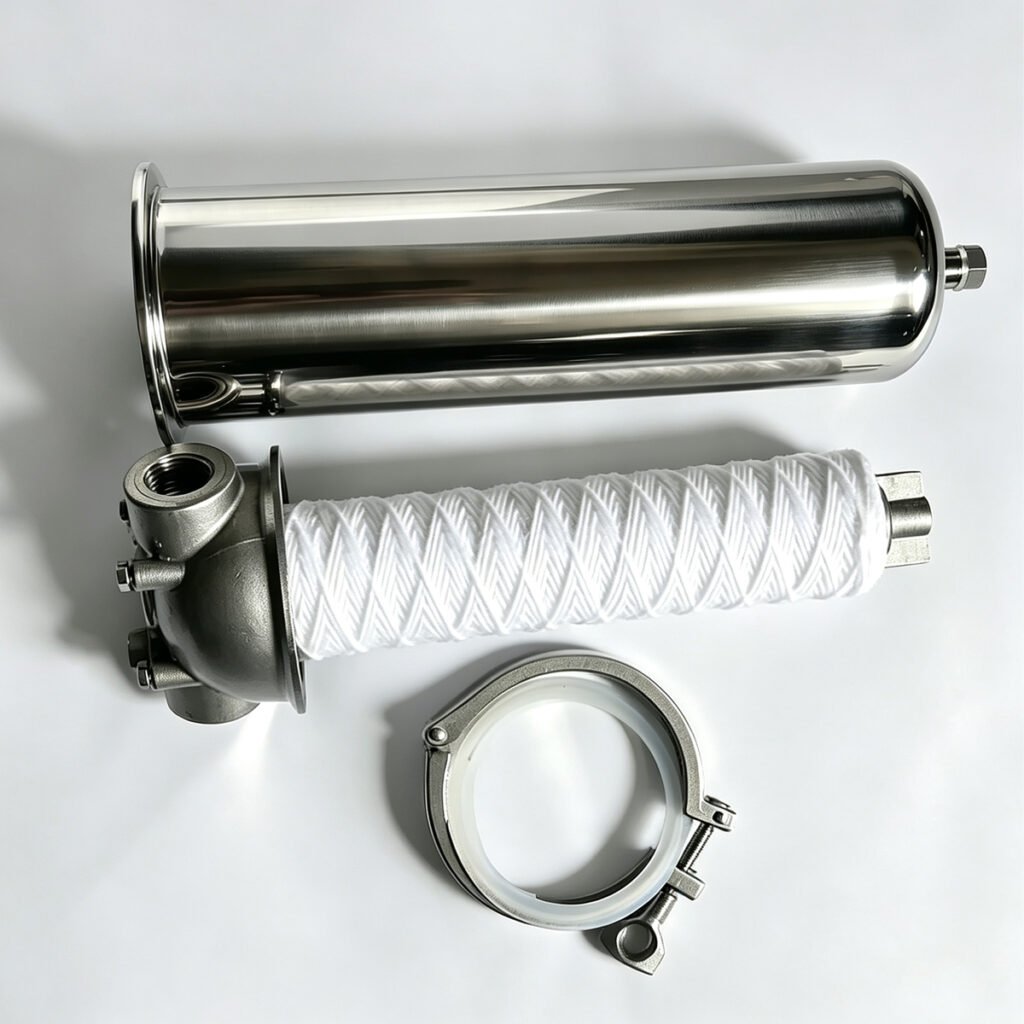 Disassembled stainless steel filter housing with white PP string-wound cartridge, clamp and base