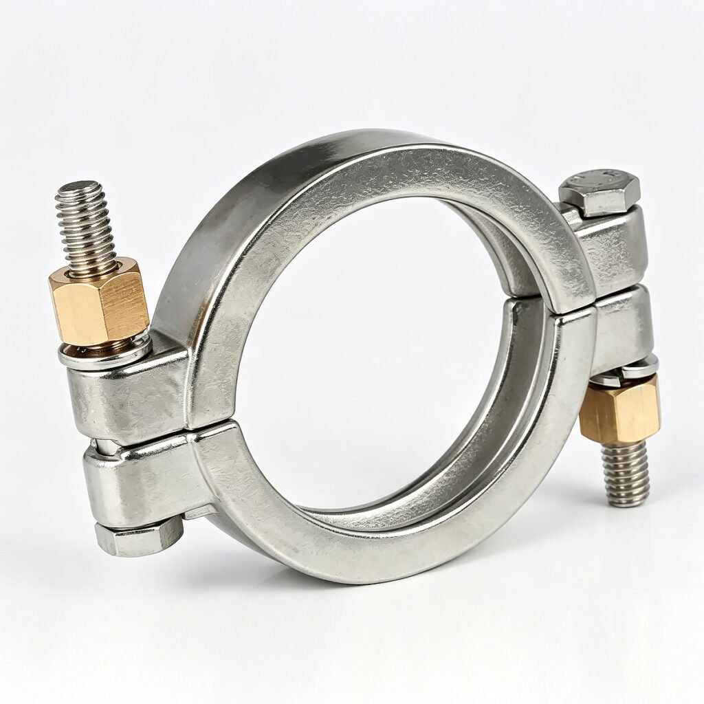 Heavy duty 304 stainless steel high pressure bolt clamp angled view with polished finish