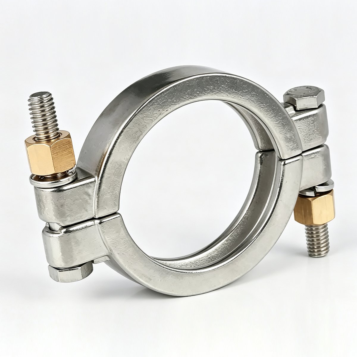 Heavy duty 304 stainless steel high pressure bolt clamp angled view with polished finish