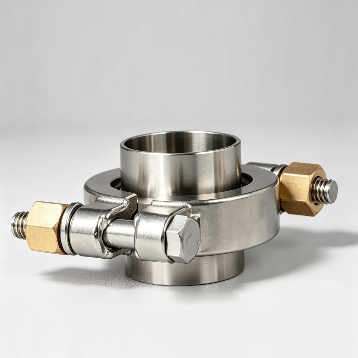 304 stainless steel high pressure pipe clamp installed on ferrule showing quick release connection