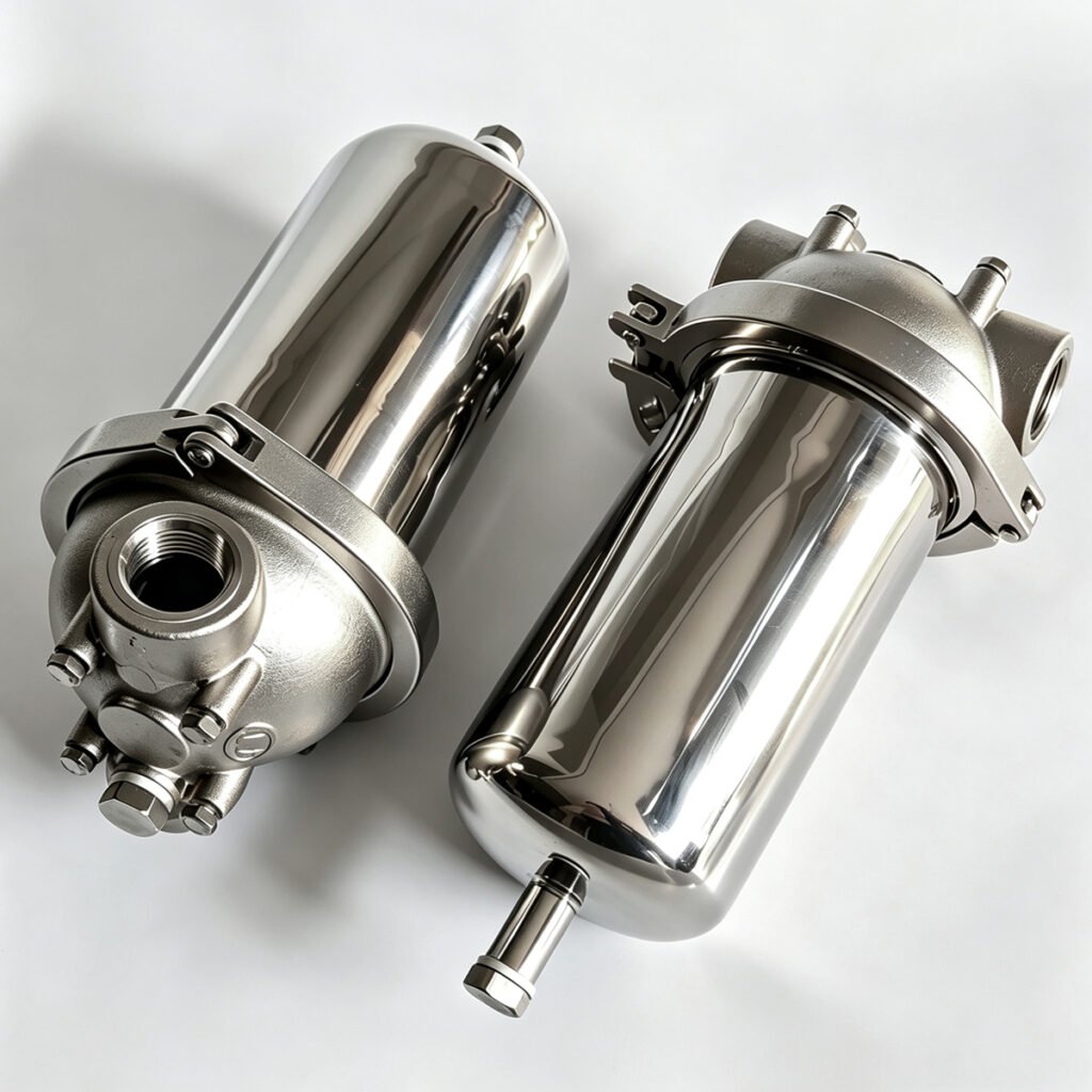 Two 304 stainless steel quick-clamp filter housings displayed side by side showing different connection details