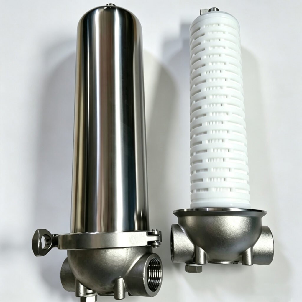 304 stainless steel quick-clamp filter housing and white PP pleated cartridge displayed side by side