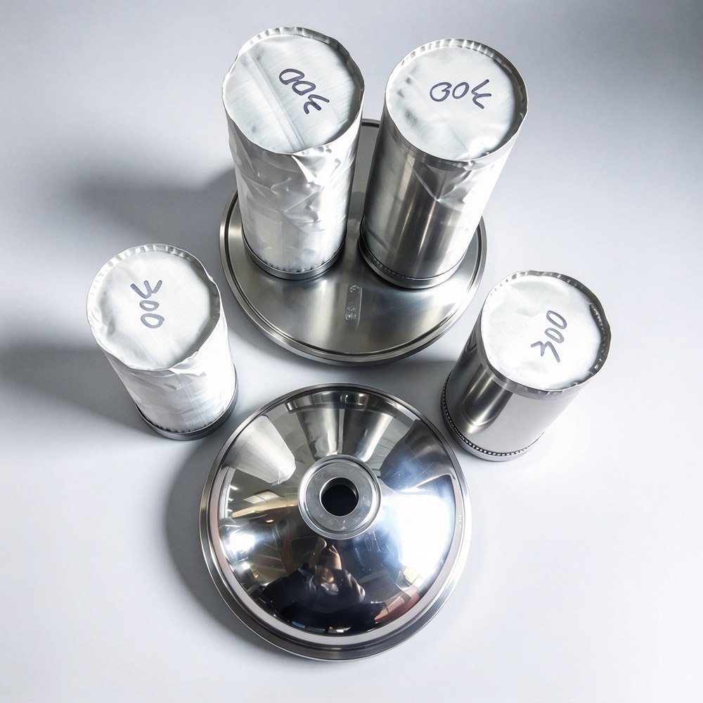 Disassembled 304 stainless steel sanitary dual mesh strainer showing the domed lid, base, and 2 cylindrical mesh elements labeled 300