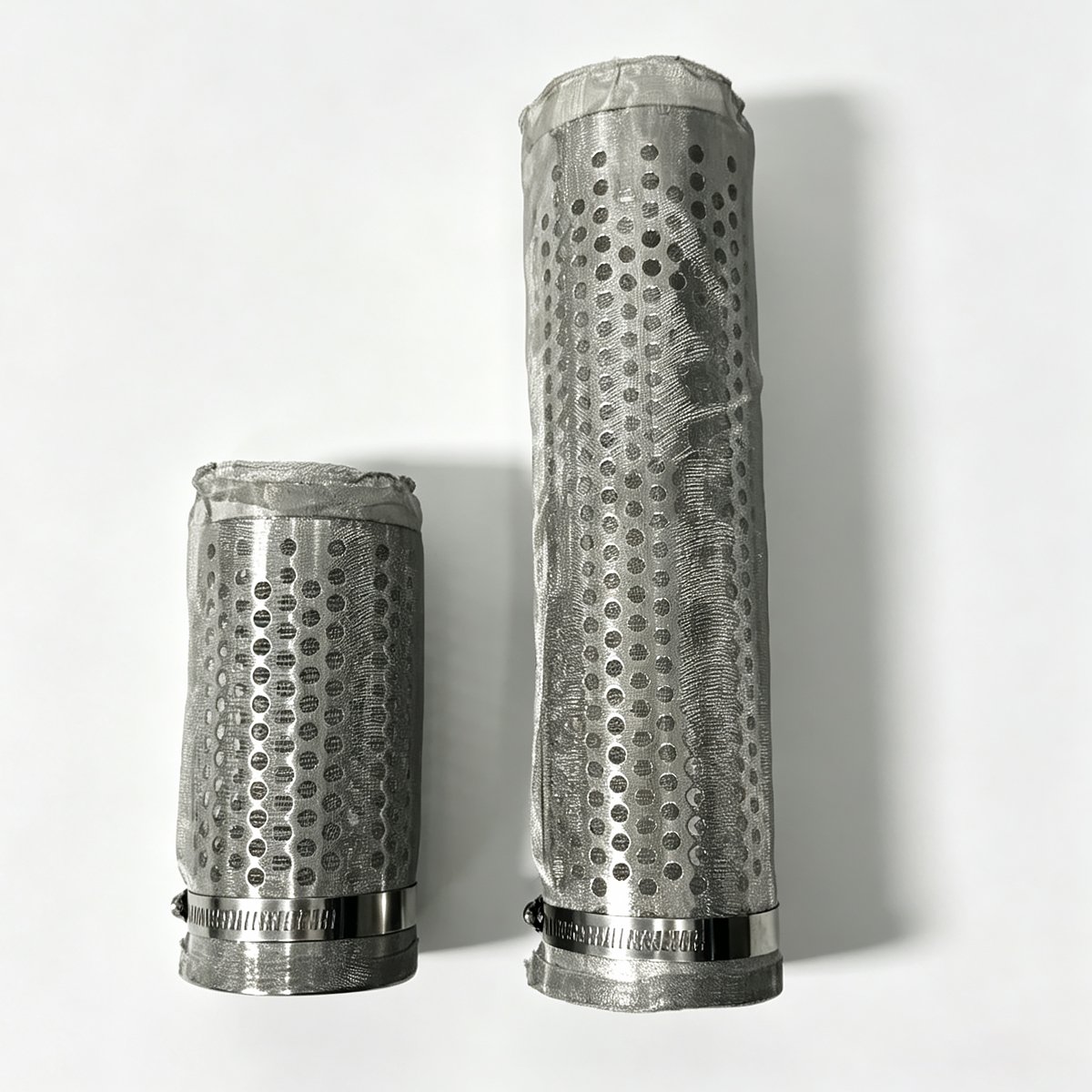 Two sizes of 304 stainless steel perforated filter elements with mesh screens secured by hose clamps – short 5-inch and long 10-inch versions