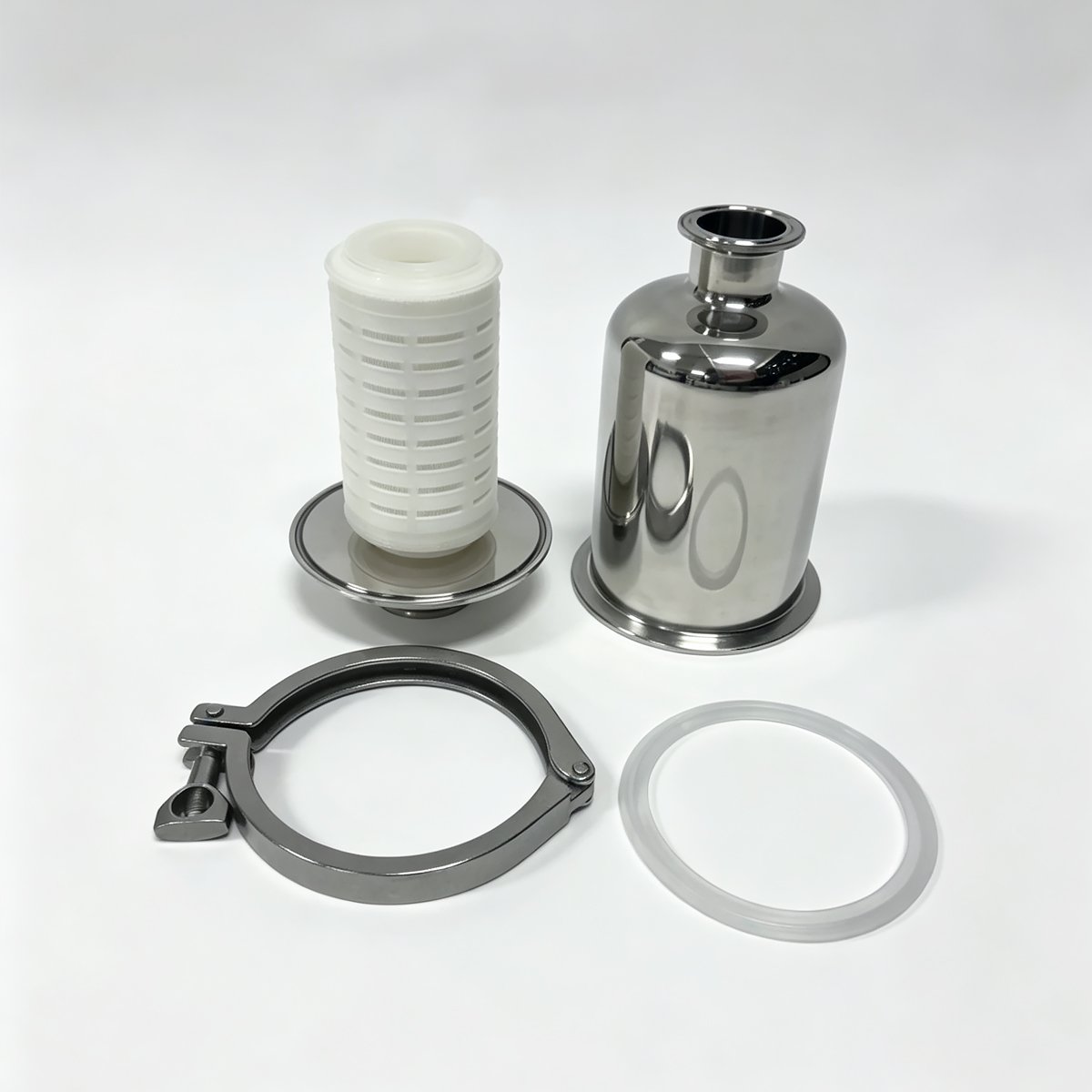 Haoqintech Compact 304 SS sanitary air filter housing disassembled with filter cartridge and clamp
