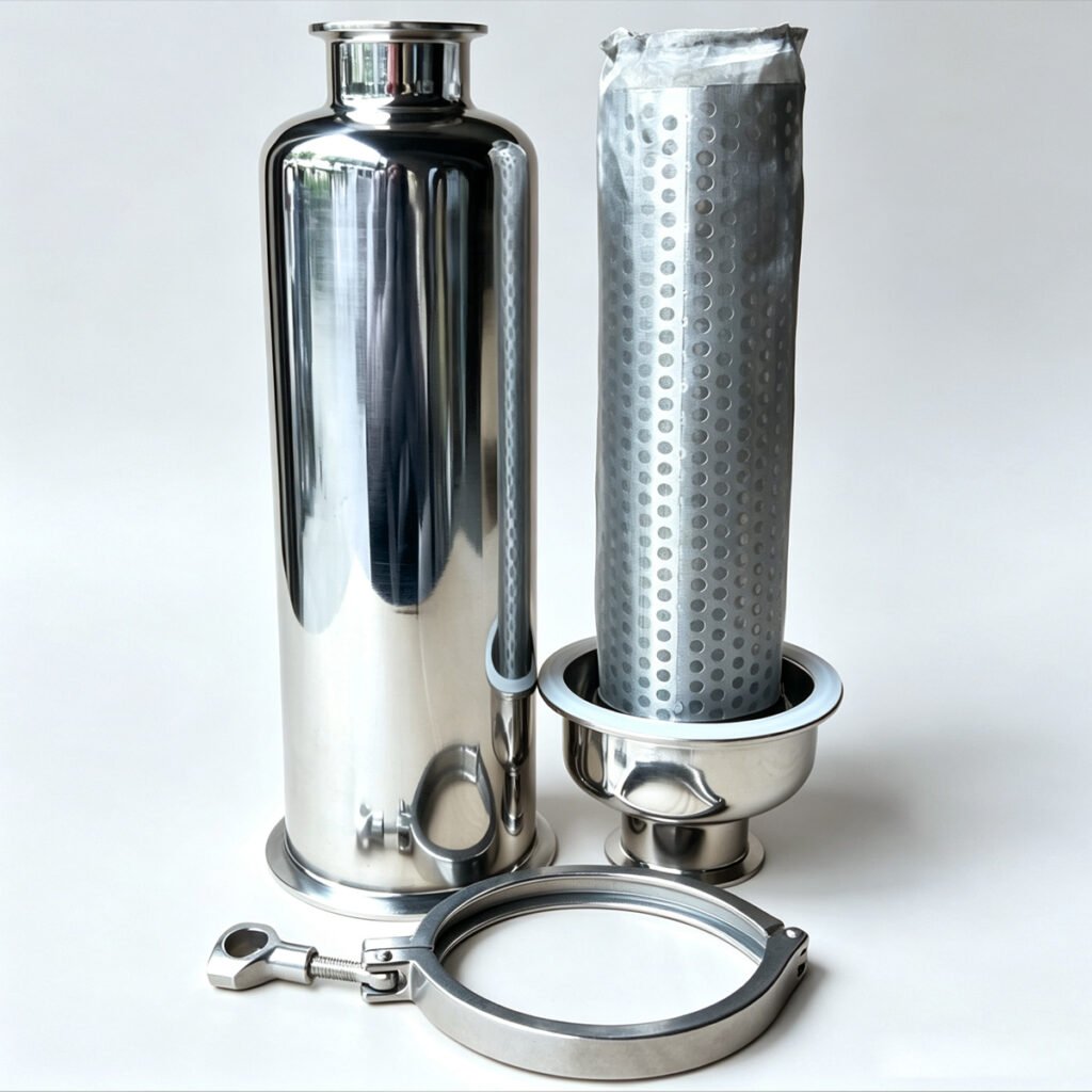 Haoqintech 304 stainless steel sanitary tri-clamp filter housing standing upright next to perforated mesh filter element seated in base with silicone gasket and tri-clamp in foreground