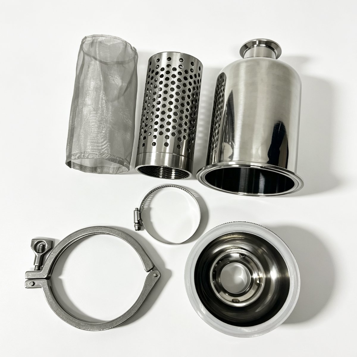 Fully disassembled 304 stainless steel sanitary filter kit including mesh bag, perforated cylinder, housing, clamps and silicone gasket