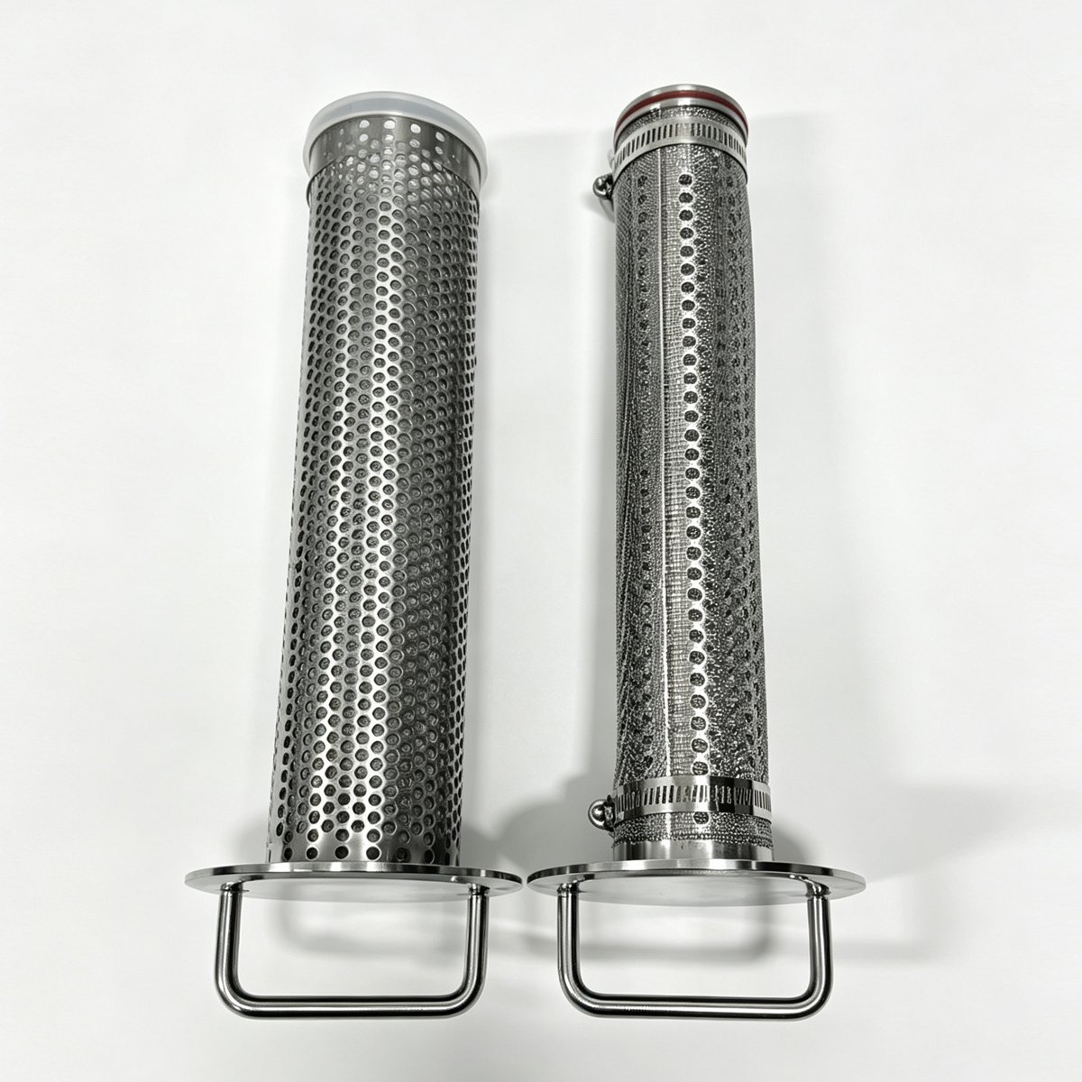 Close-up of perforated and mesh filter screens for sanitary Tri-Clamp straight-through filter