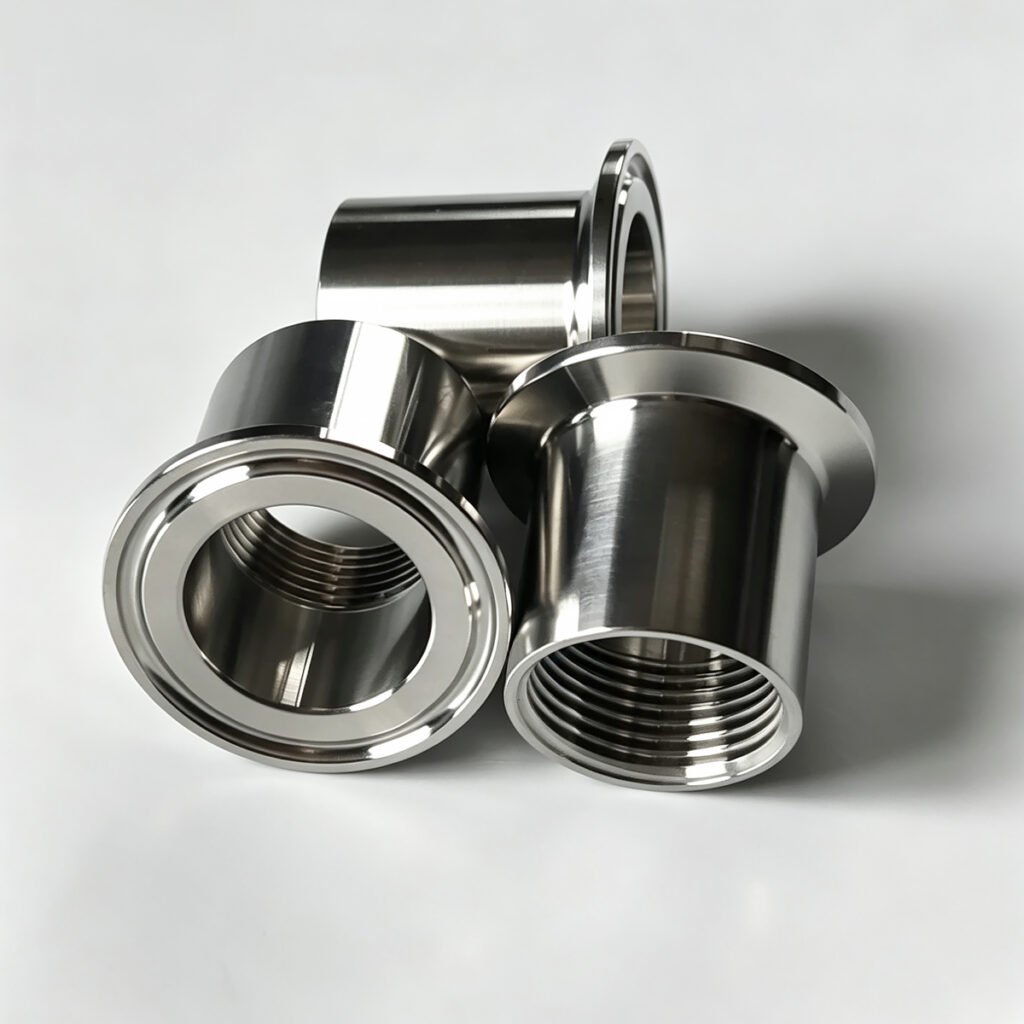 Multiple 304 stainless steel sanitary clamp female thread adapters stacked together