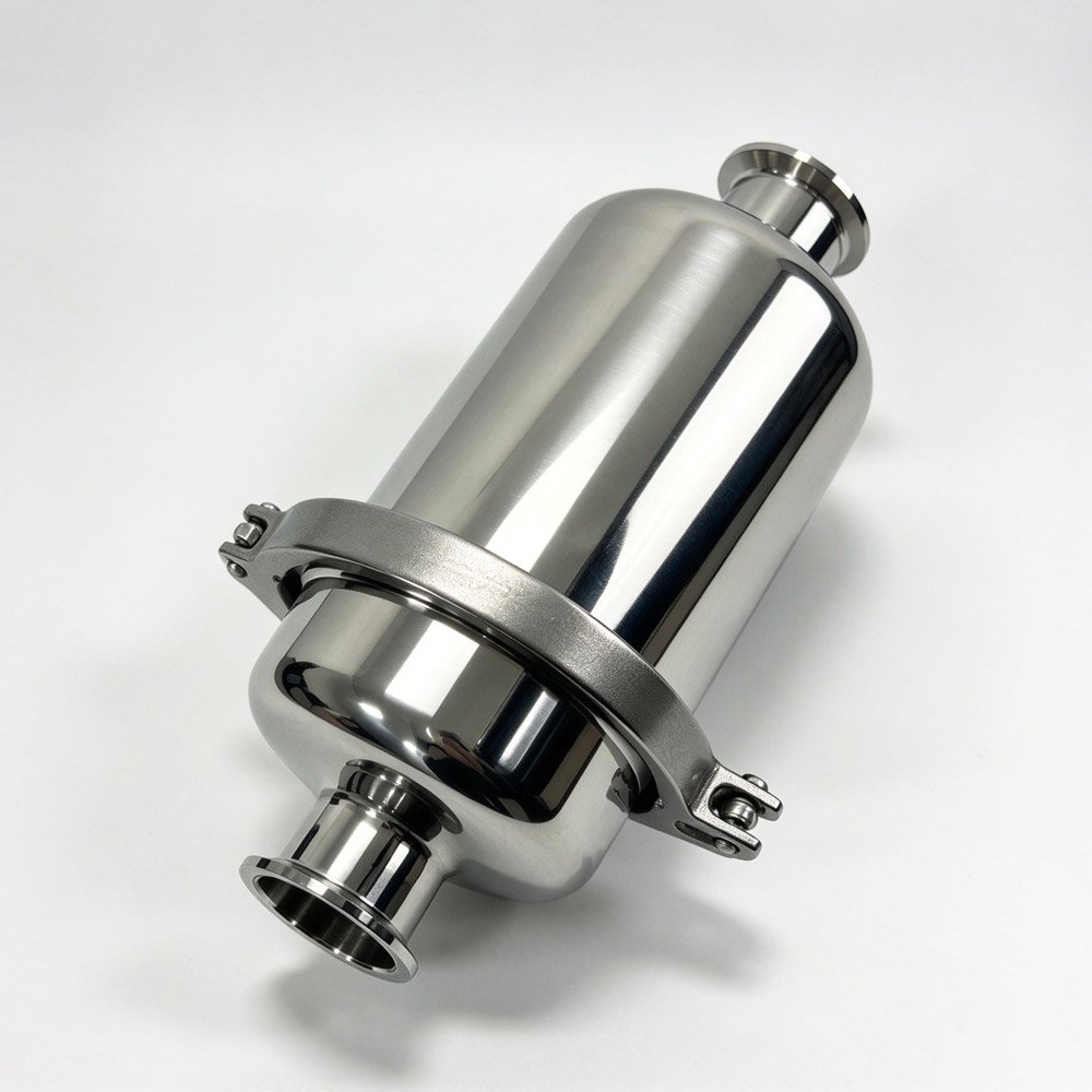 Disassembled sanitary stainless steel 304 tri-clamp inline filter showing mesh screen, perforated support tube, housing, clamps and gasket