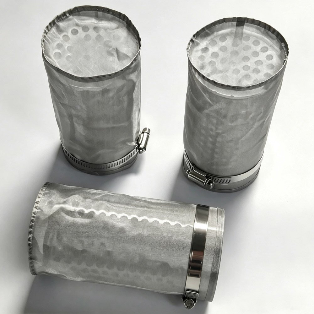 Three stainless steel mesh filter screens with clamps for sanitary inline strainer, different angles