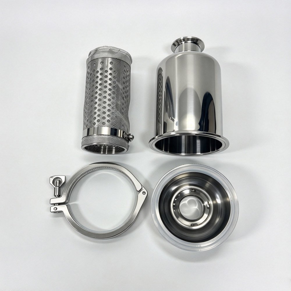 Separated stainless steel sanitary filter housing and mesh filter element with tri-clamp and silicone gasket