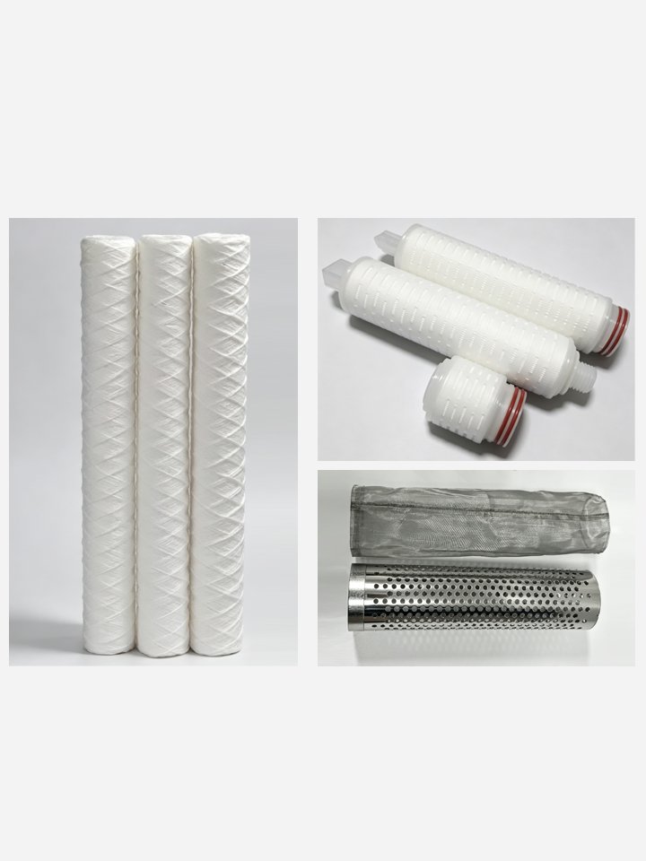 String-wound filter cartridges, pleated membrane filter cartridges, and stainless steel perforated filter core with mesh sleeve