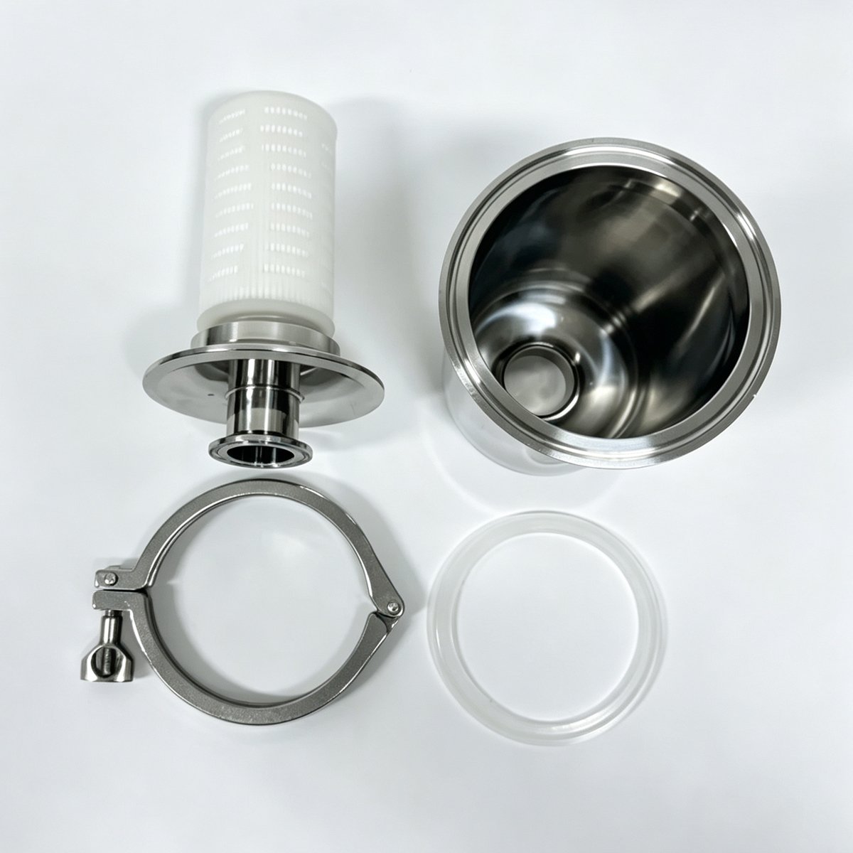Haoqintech Compact sanitary stainless steel air filter housing with tri-clamp connection. Includes filter cartridge, clamp and silicone gasket. Ideal for smaller tanks requiring sterile air exchange.
