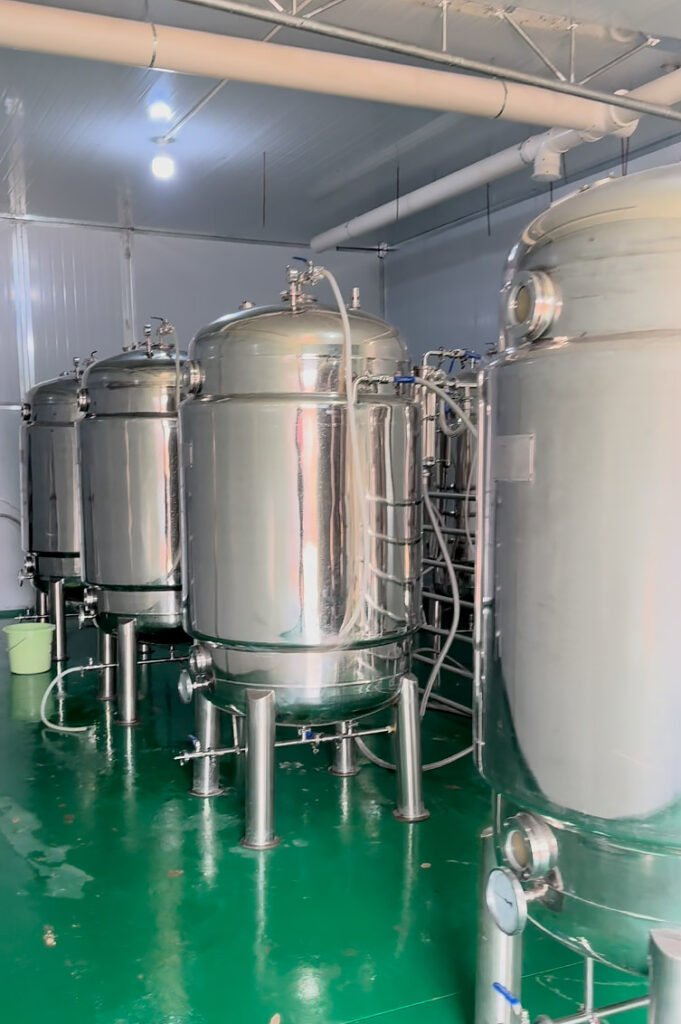 Row of large cylindrical stainless steel fermentation tanks on legs in a clean industrial room with green floor