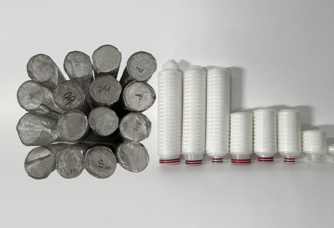 Side-by-side comparison of stainless steel woven mesh filter cylinders with different mesh sizes on the left and white pleated cartridge filters of various lengths on the right for sanitary filtration systems