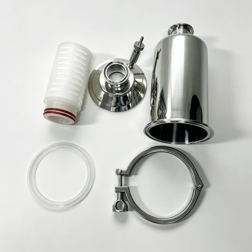 Quick connect sanitary air filter disassembled with cartridge clamp and housing