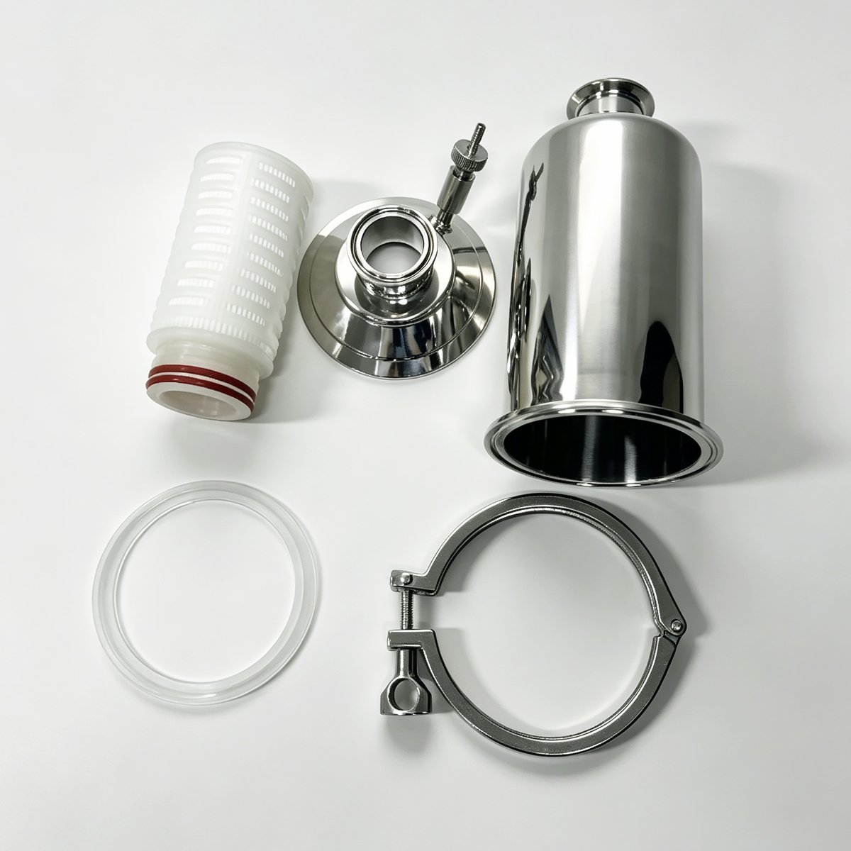 Quick connect sanitary air filter disassembled with cartridge clamp and housing
