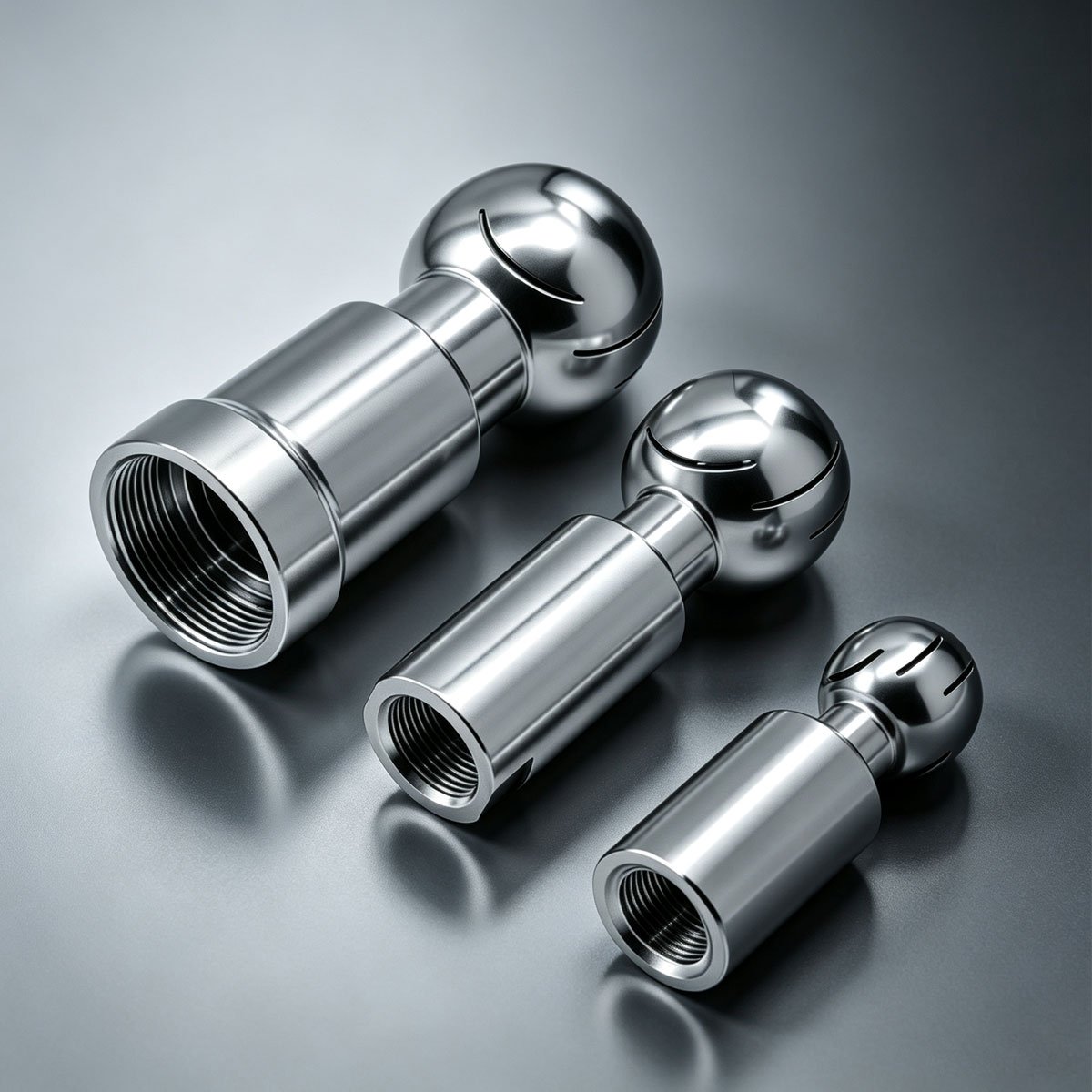 Three sizes of SS304 sanitary rotary spray balls with female thread connections