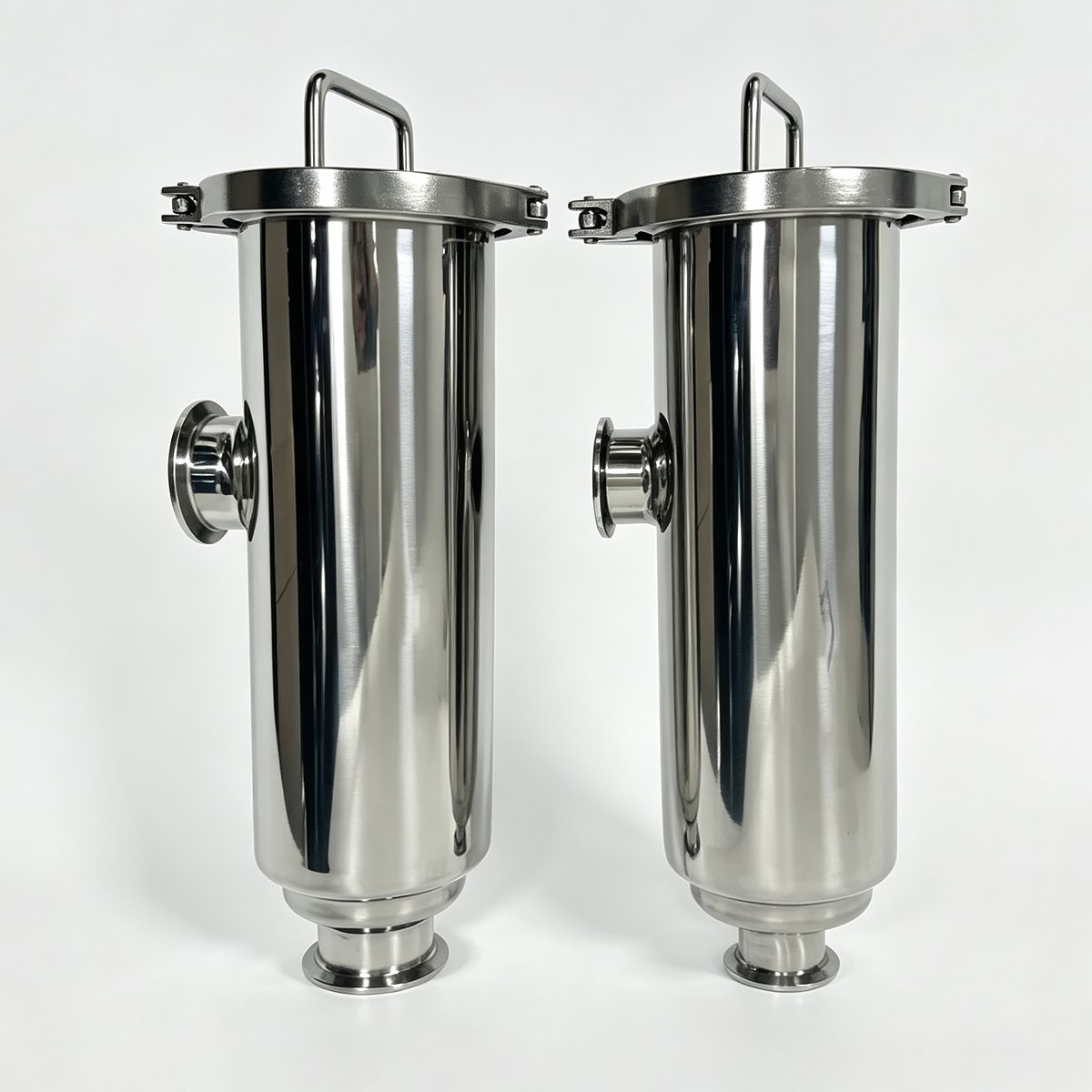 304 stainless steel sanitary straight-through filter with Tri-Clamp connections, front view