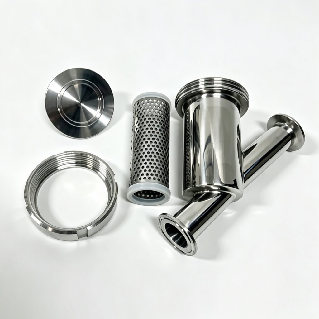 SS304 sanitary Tri-Clamp Y-strainer disassembled with mesh screen, cover and locking ring