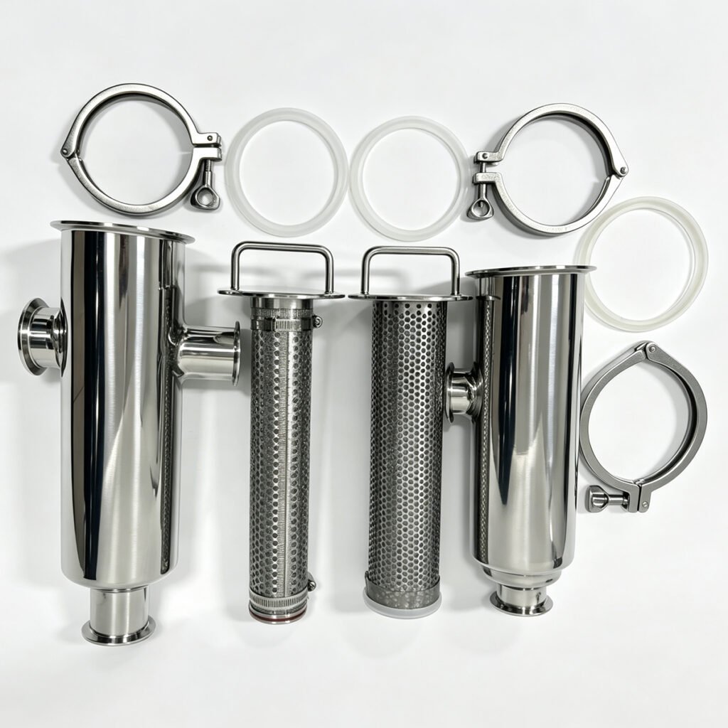 Disassembled sanitary Tri-Clamp straight-through filter showing housing, perforated screens, clamps and gaskets