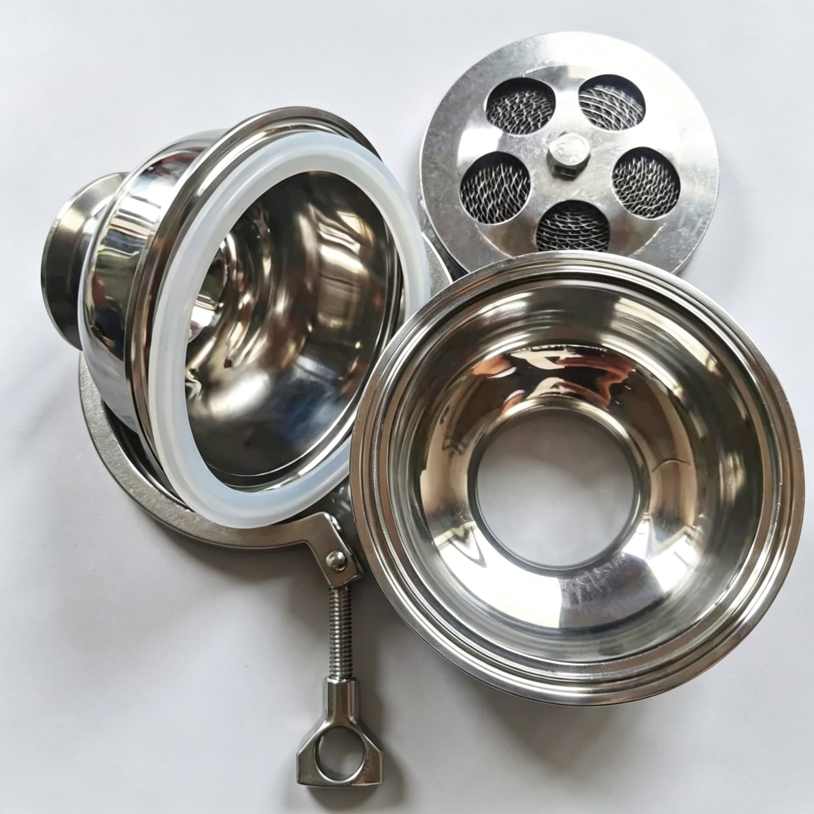 Fully disassembled sanitary 304 stainless steel flame arrester parts including mesh element, body, gasket and clamp